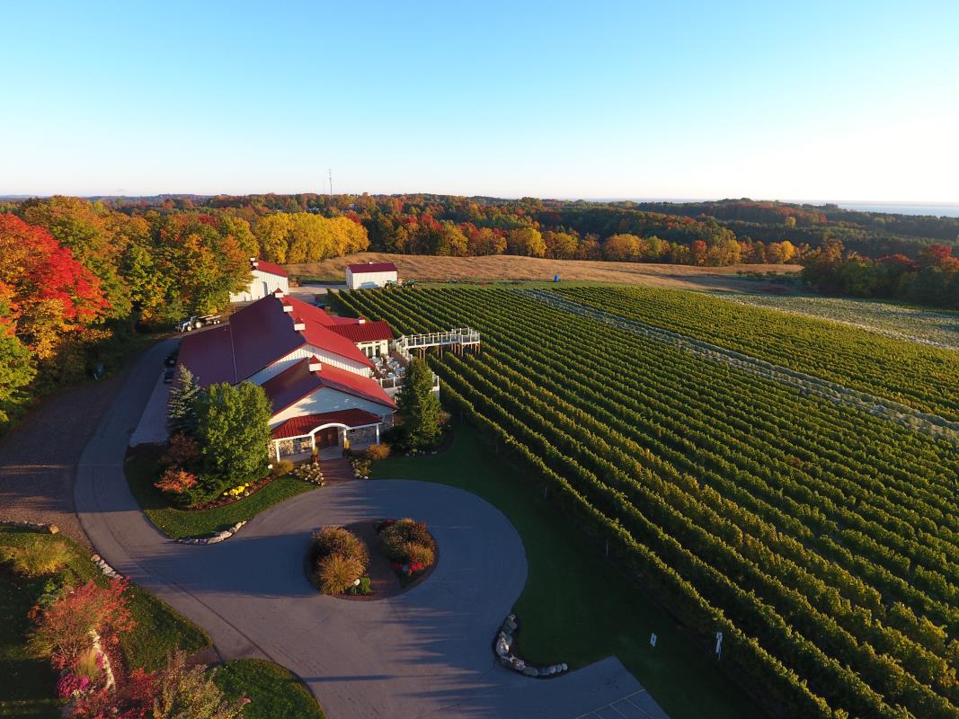 Overhead view of Brys Estate Winery with Barn and vineyard on Old Mission Peninsula