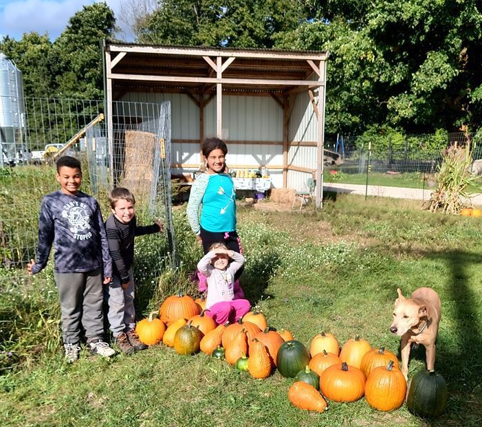 Kids playing outside with pumpkins at Karabinas Family Farm in Levering