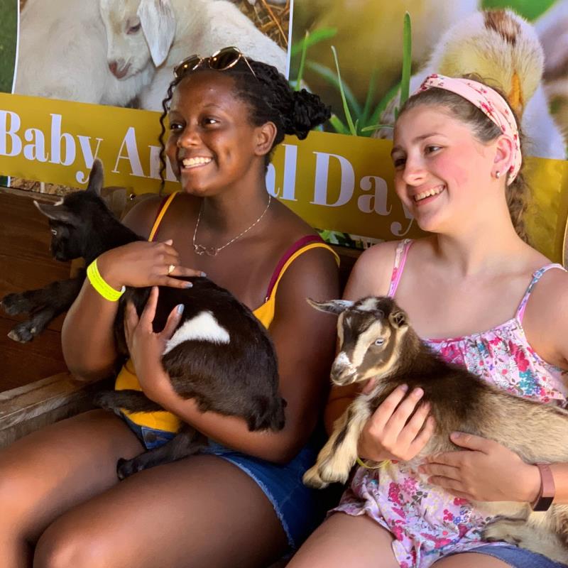 Two girls and baby goats at Lewis Adventure Farm & Zoo in New Era