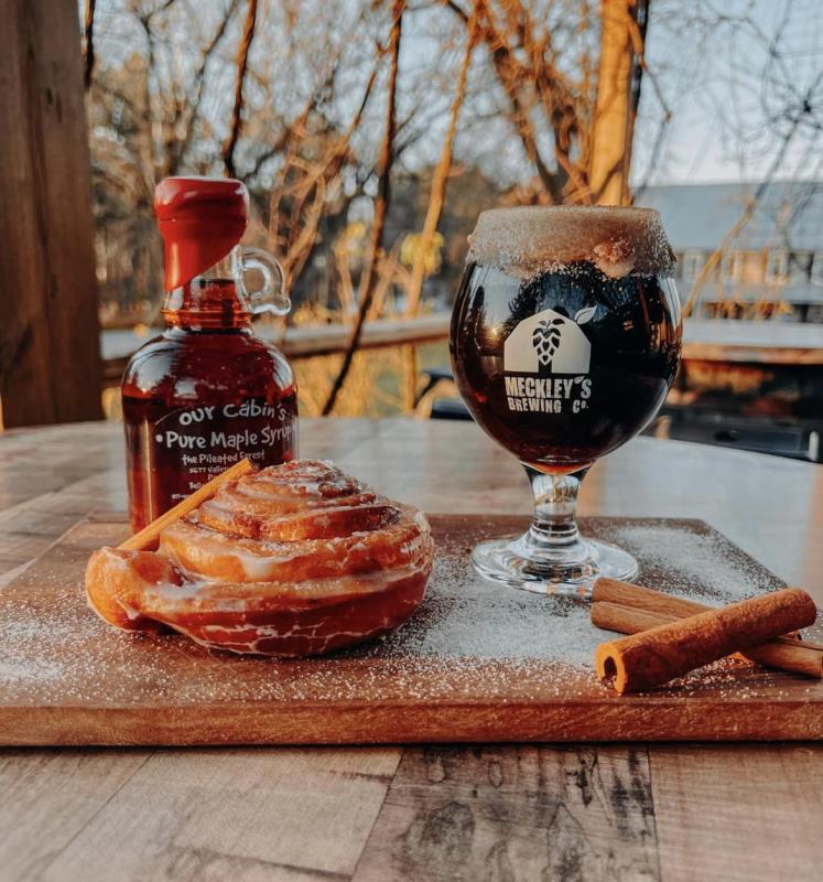 Cinnamon roll, maple syrup and beer at Meckley's Flavor Fruit Farm in Cement City.