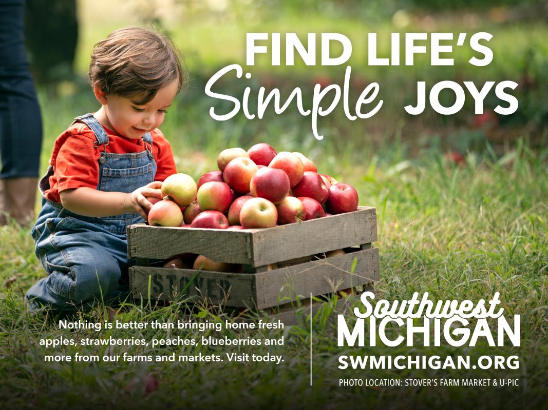 Little boy with bushel of apples in orchard