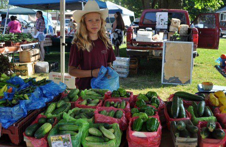 Girl at the New Baltmore Farmers Market Stand with fresh produce in New Baltimore, Michigan