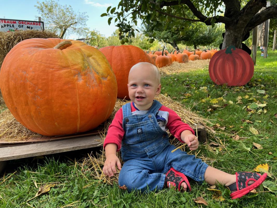 little boy in overalls in front of pumpkins