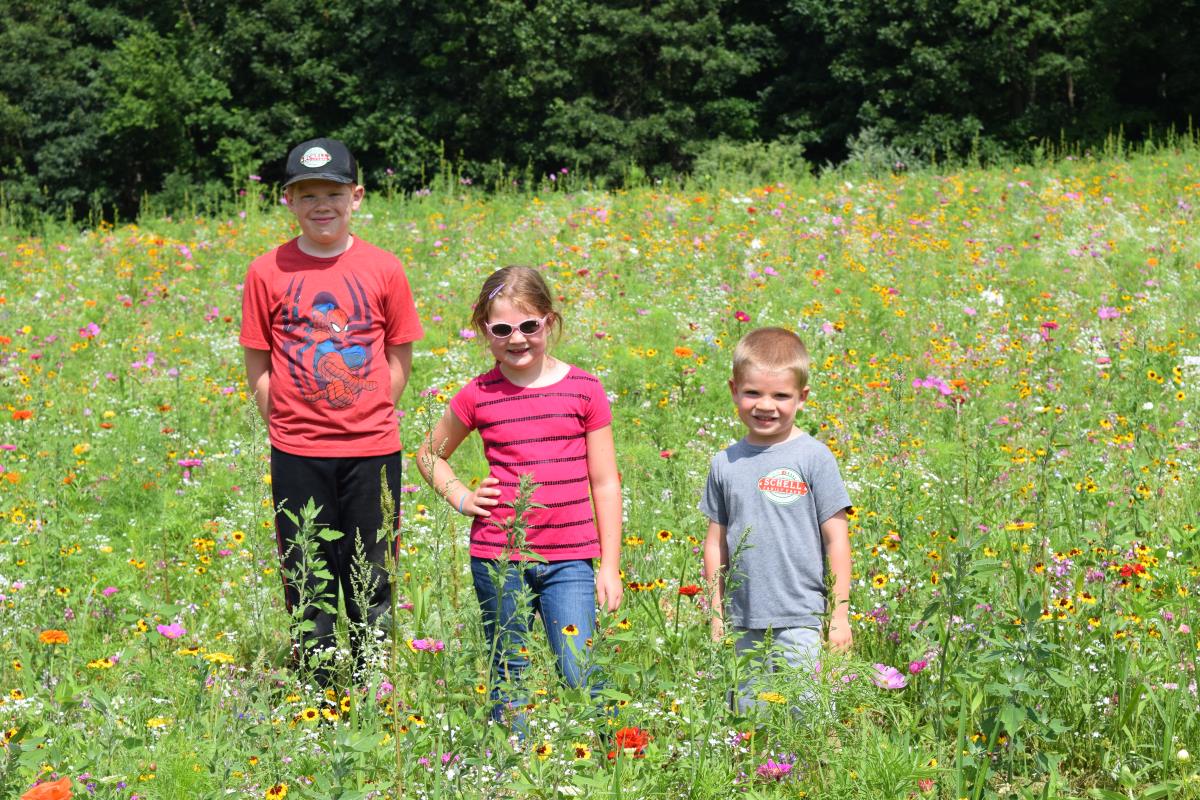 Kids in flower field at Schell Family Farm
