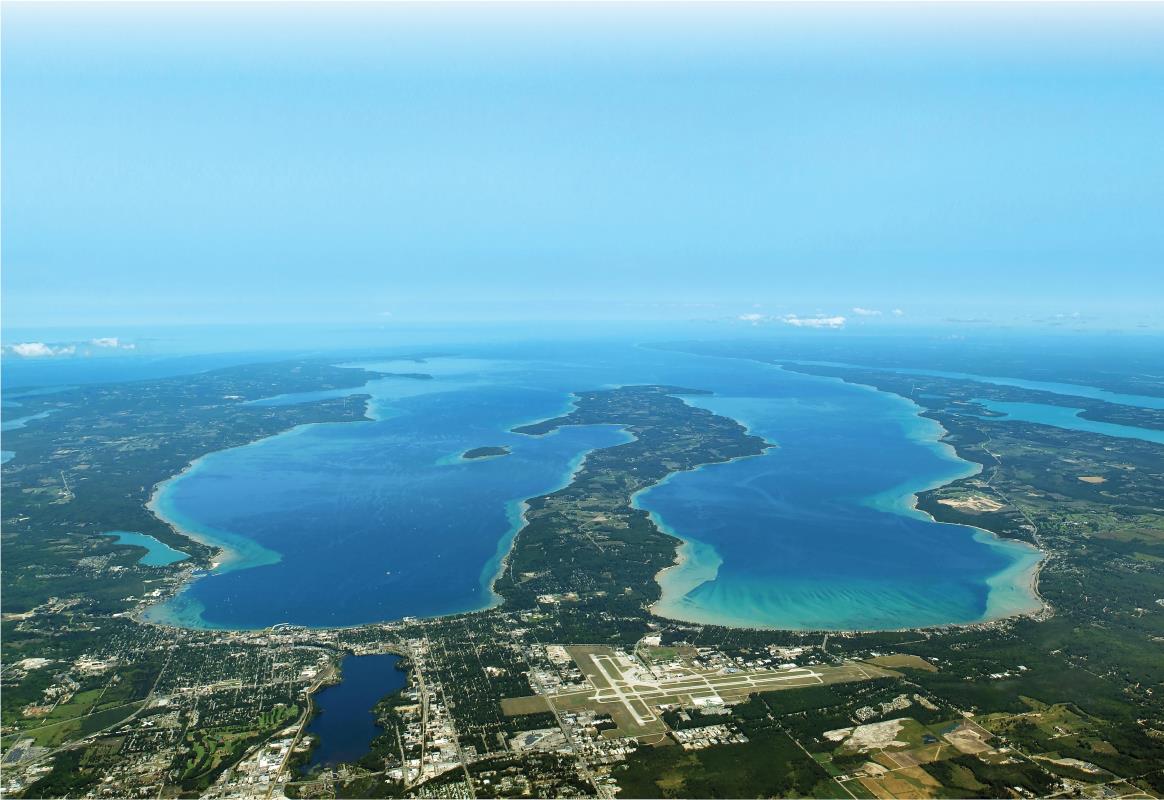 Drone view of Old Mission Peninsula and grand Traverse Bays